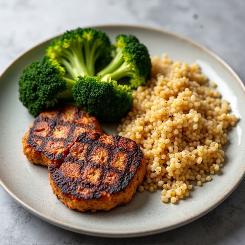 Grilled Seitan Steaks with Roasted Broccoli and Quinoa