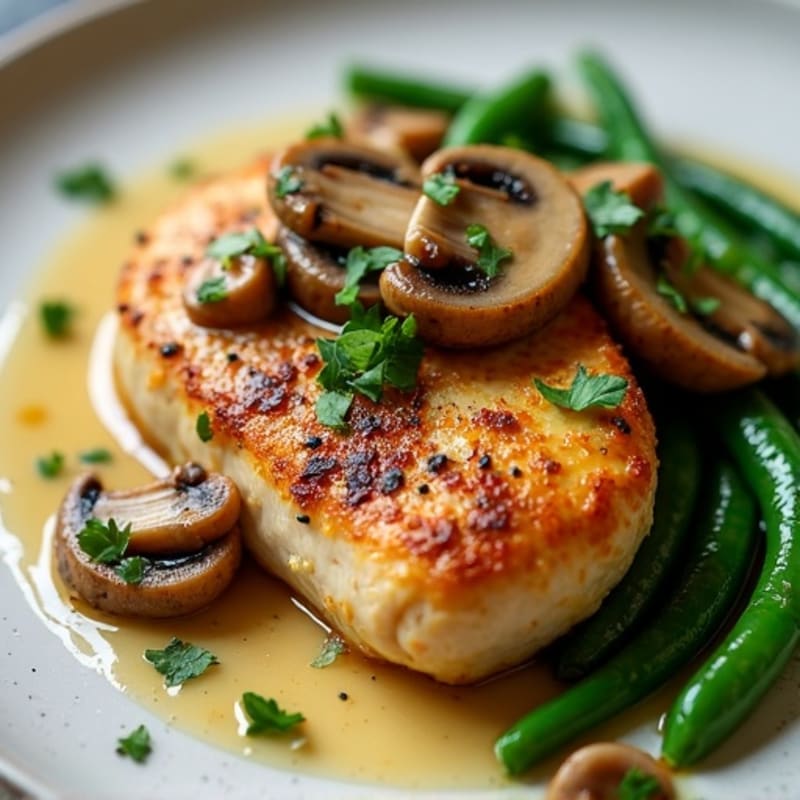Roasted Garlic Butter Chicken and Mushrooms with Tender Green Beans
