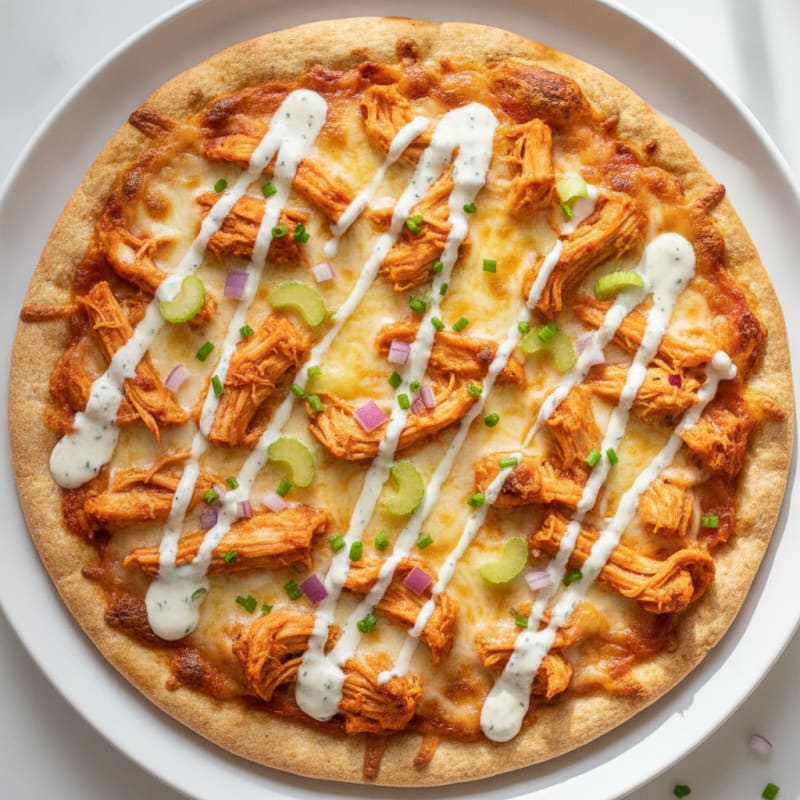 Buffalo Chicken Pizza with Ranch Drizzle