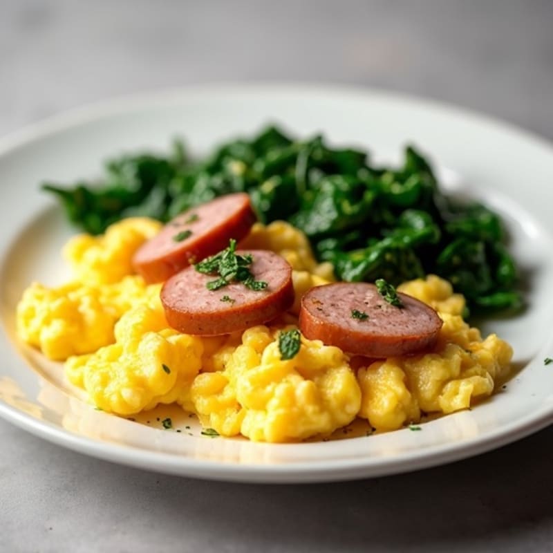 Scrambled Eggs with Turkey Sausage and Sautéed Spinach
