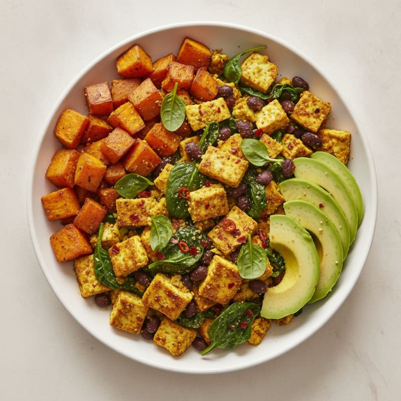 Spicy Tofu Scramble with Roasted Sweet Potato and Avocado