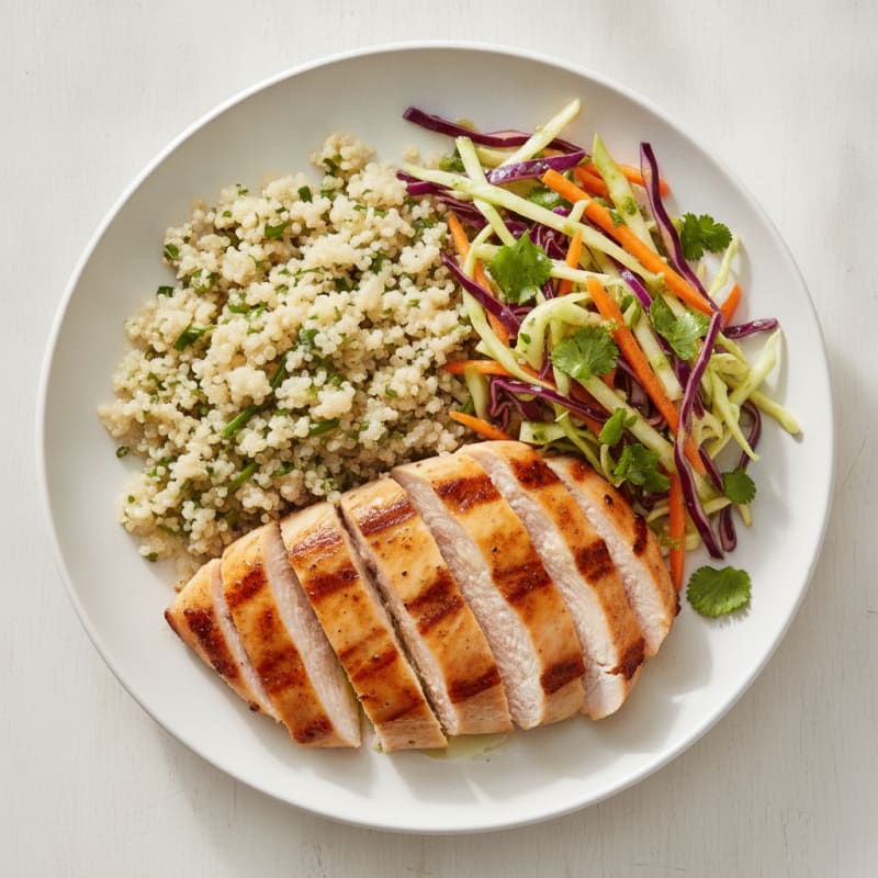Grilled Chicken Breast with Crunchy Cabbage Slaw and Quinoa