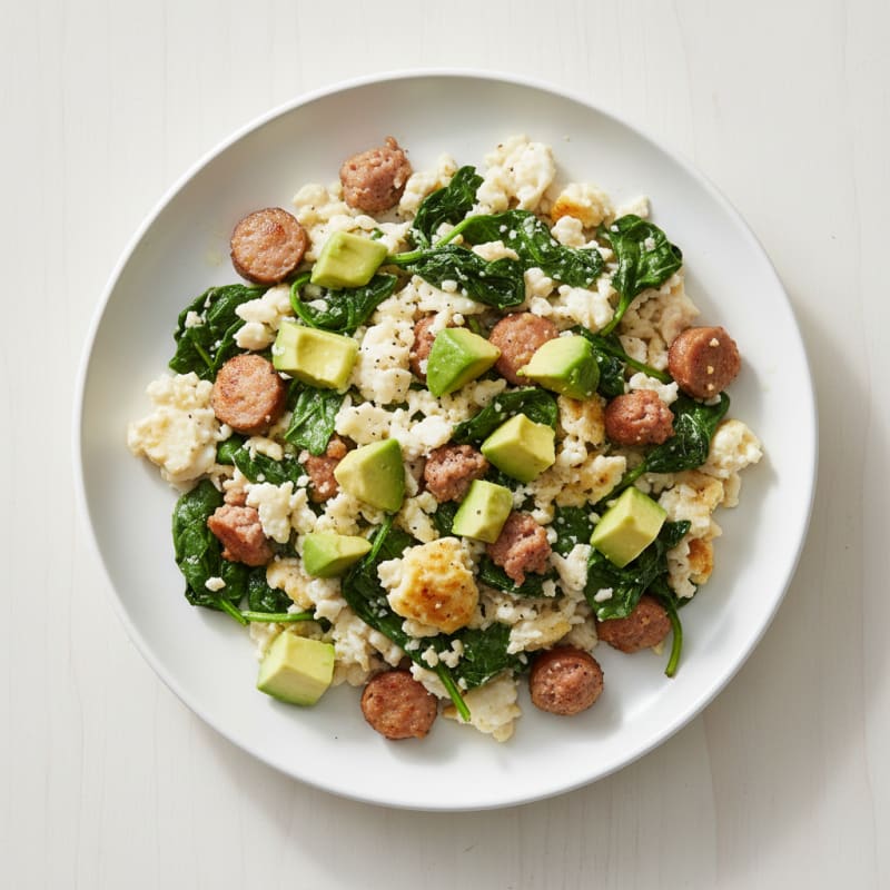 Egg White and Turkey Sausage Scramble with Sautéed Spinach