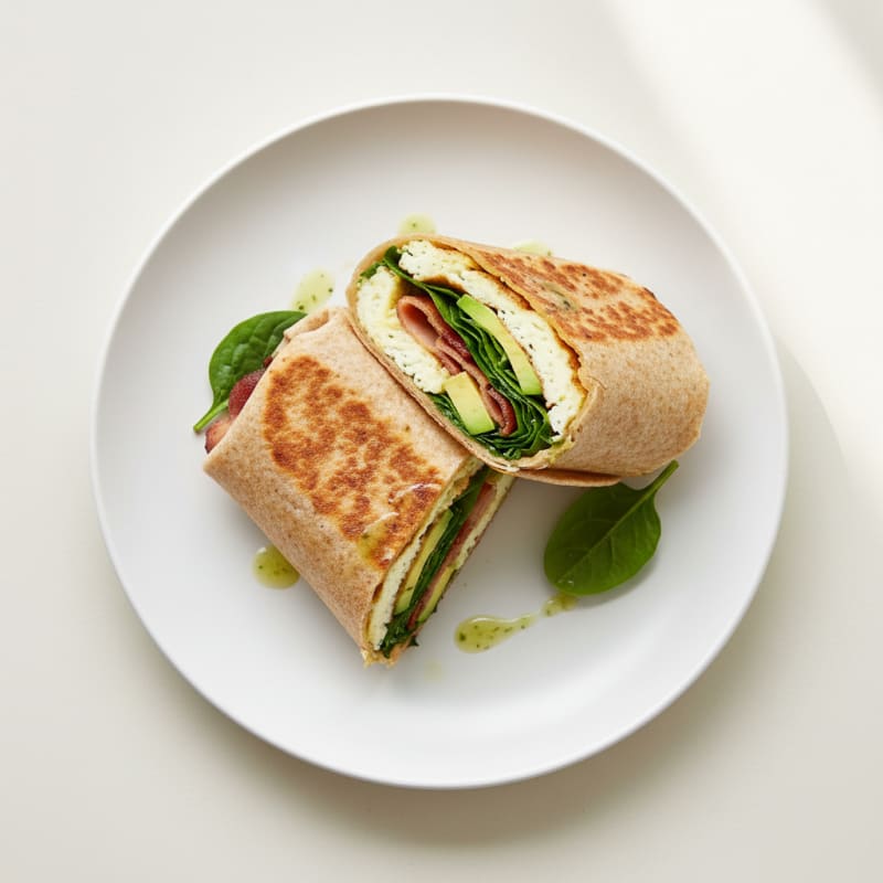 Crispy Egg White and Turkey Bacon Wrap with Spinach and Avocado