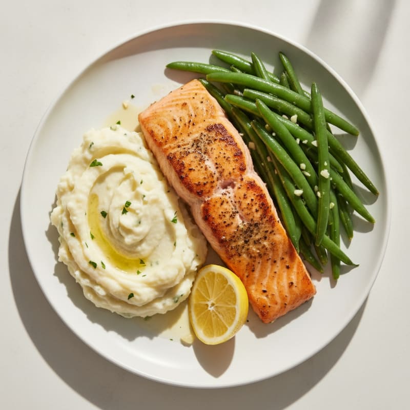 Seared Salmon Fillet with Steamed Green Beans and Garlic Mashed Potatoes