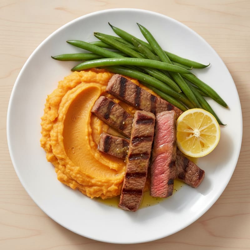 Seared Lean Beef Strips with Steamed Green Beans and Sweet Potato Mash