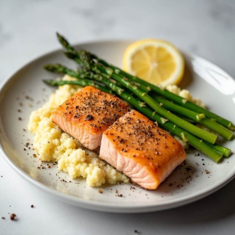 Seared Salmon with Steamed Asparagus and Garlic Mashed Cauliflower