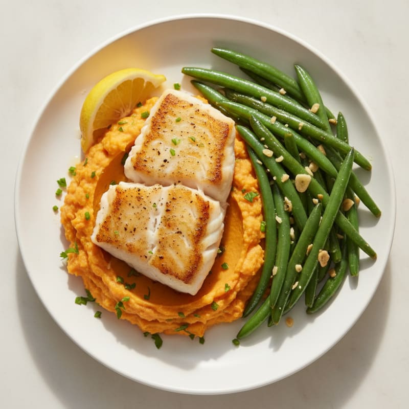 Seared Cod Fillet with Garlic Green Beans and Herbed Sweet Potato Mash