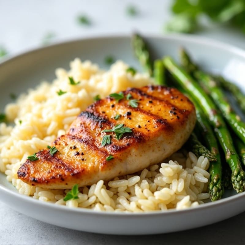 Seared Chicken Breast with Roasted Asparagus and Garlic Rice