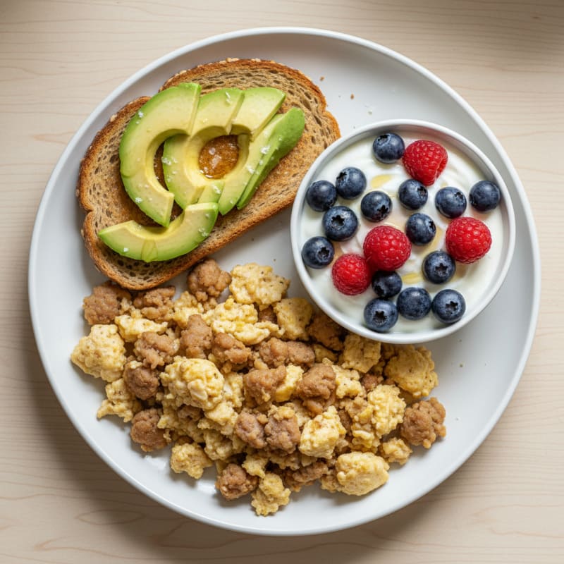 Egg White and Turkey Sausage Scramble with Greek Yogurt and Berries
