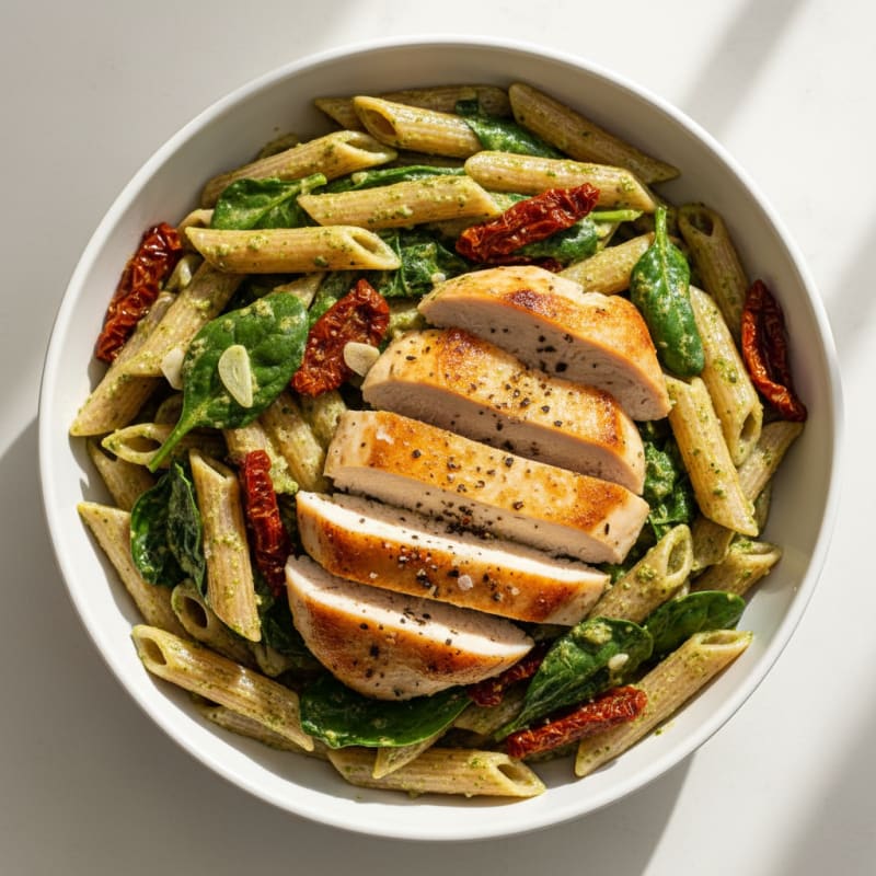 Creamy Pesto Chicken Pasta with Sun-Dried Tomatoes