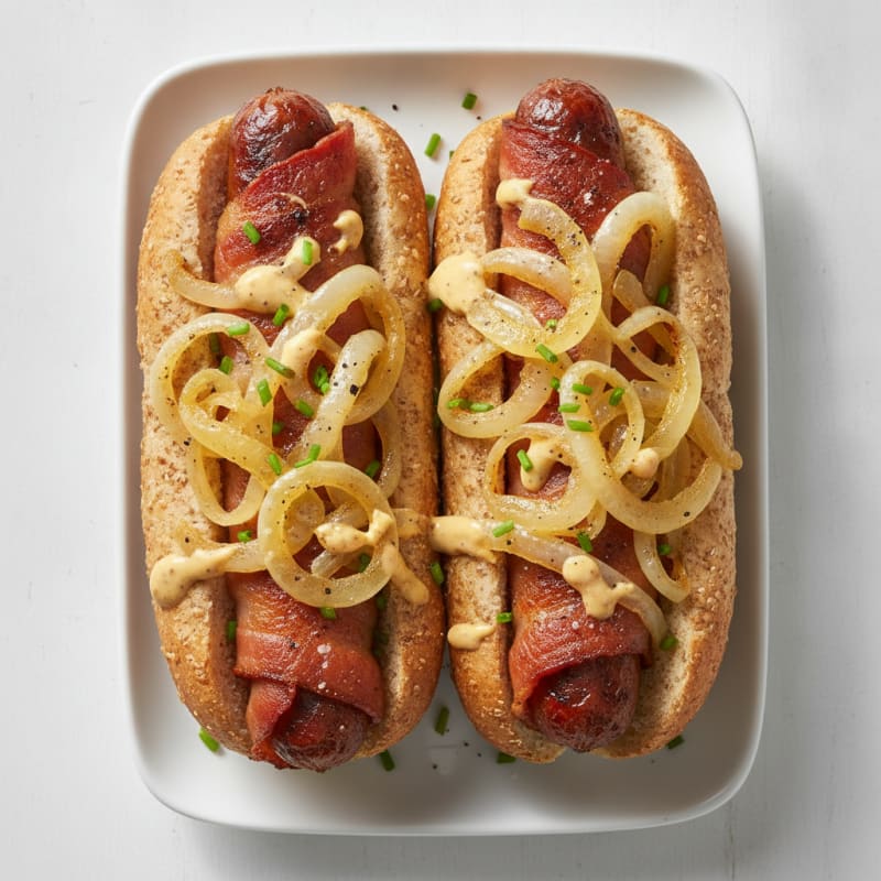 Bacon-Wrapped Hot Dogs with Caramelized Onions