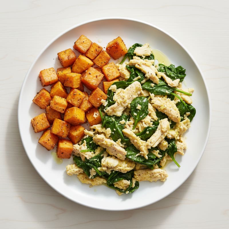 Spinach Chicken Egg Scramble with Roasted Sweet Potatoes