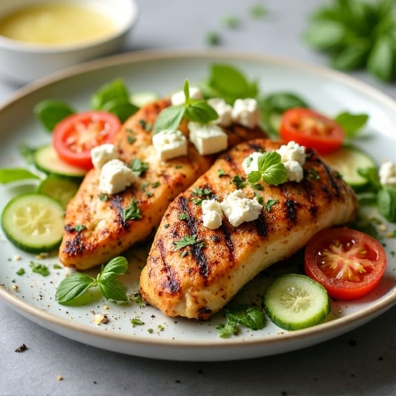 Grilled Chicken with Fresh Feta, Crisp Cucumber, Tomato, and Tangy Lemon-Herb Dressing