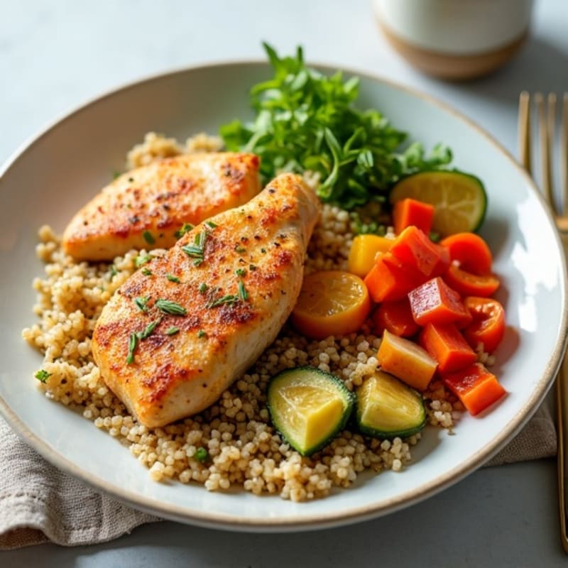 Crispy Lemon Herb Chicken with Roasted Veggie Quinoa Bowl