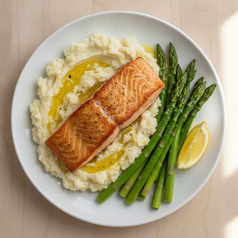 Seared Salmon with Steamed Asparagus and Garlic Mashed Cauliflower