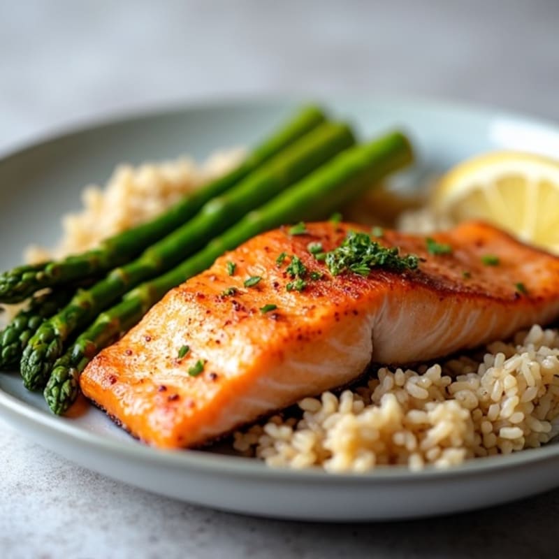 Seared Salmon Fillet with Steamed Asparagus and Brown Rice