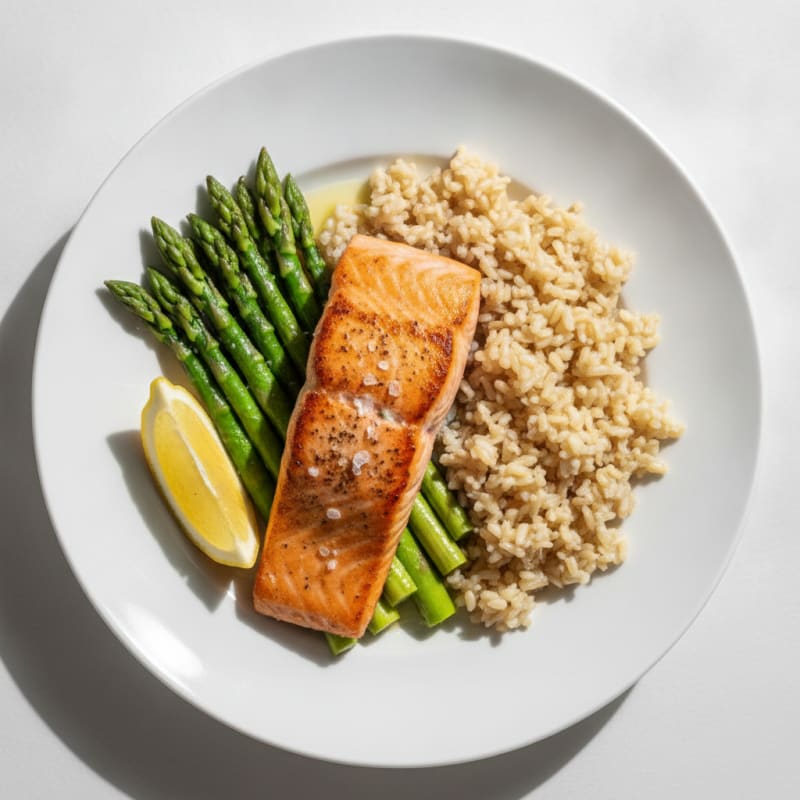 Seared Salmon Fillet with Steamed Asparagus and Brown Rice