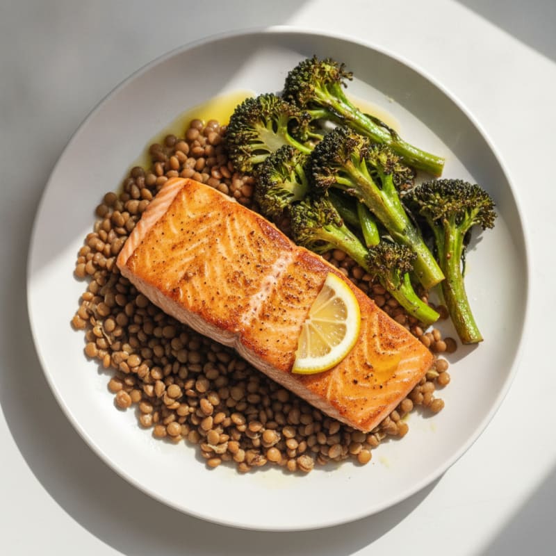 Seared Salmon with Roasted Broccoli and Lentils