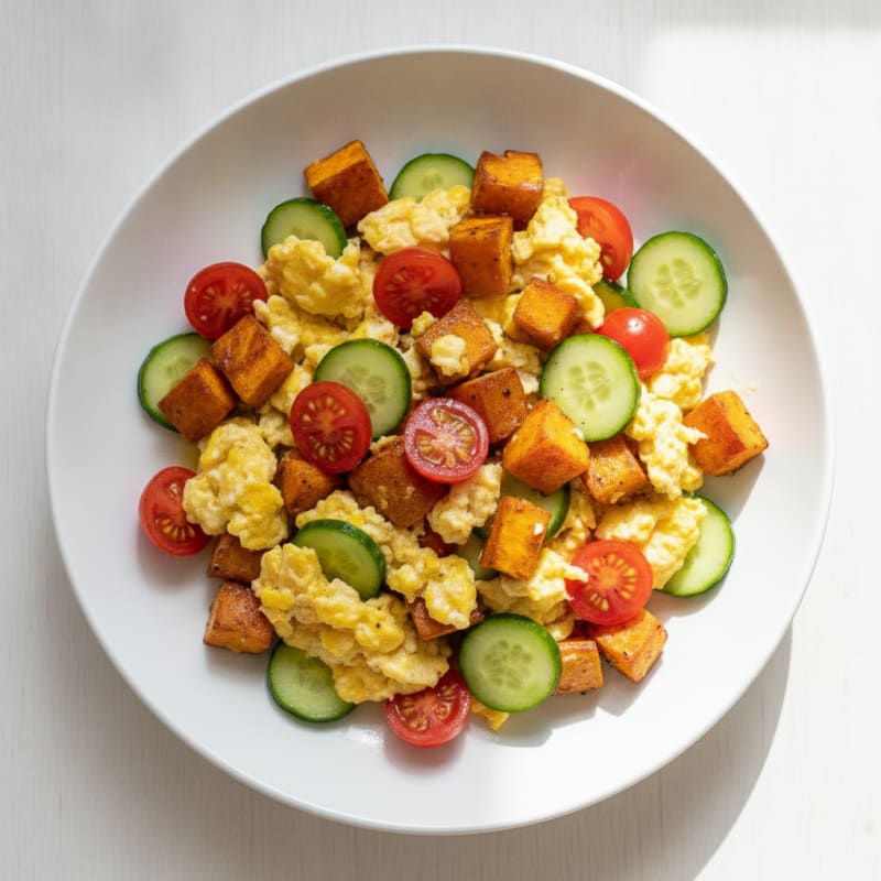 Sweet Potato Egg Scramble with Fresh Tomatoes