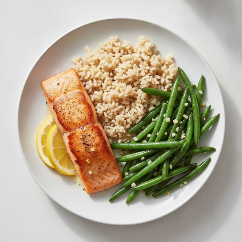 Seared Salmon with Garlic Green Beans and Brown Rice