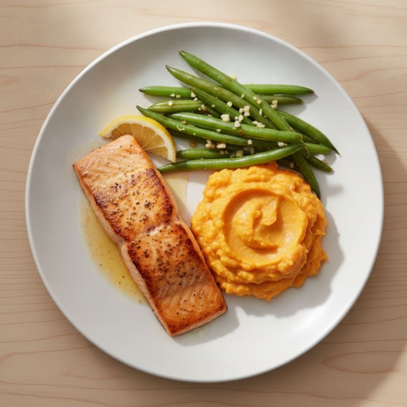 Pan-Seared Salmon with Garlic Green Beans and Sweet Potato Mash