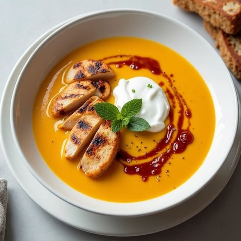 Creamy Roasted Butternut Squash Soup with Grilled Chicken