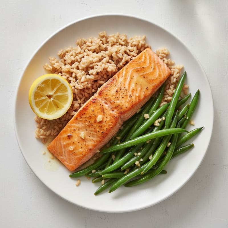 Seared Salmon Fillet with Garlic Green Beans and Brown Rice