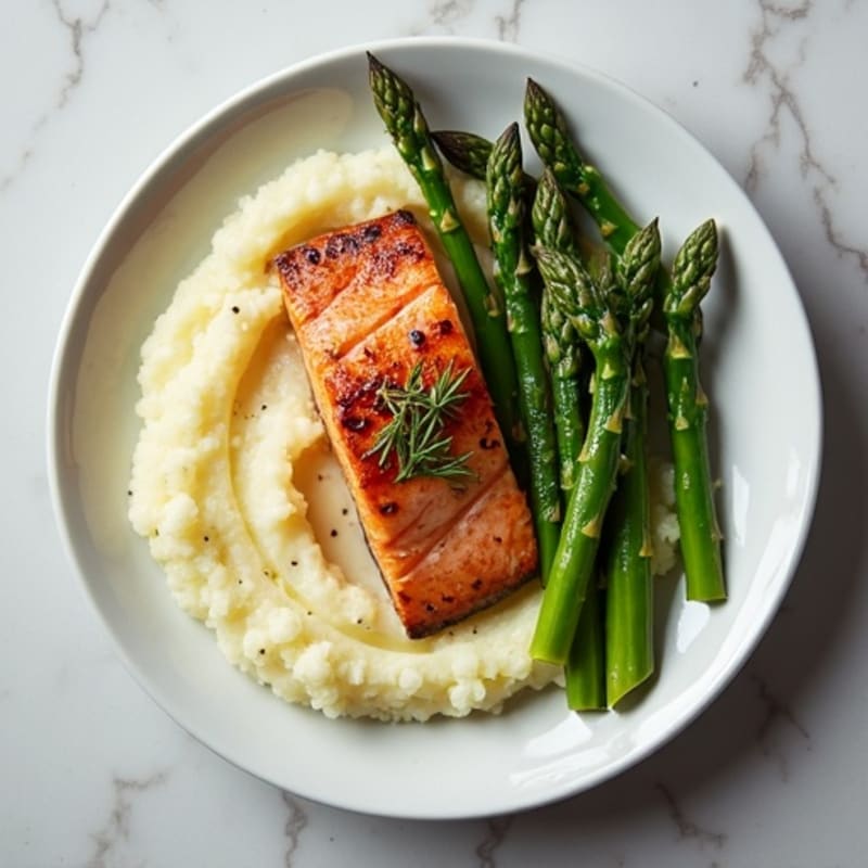 Seared Salmon with Steamed Asparagus and Garlic Cauliflower Mash