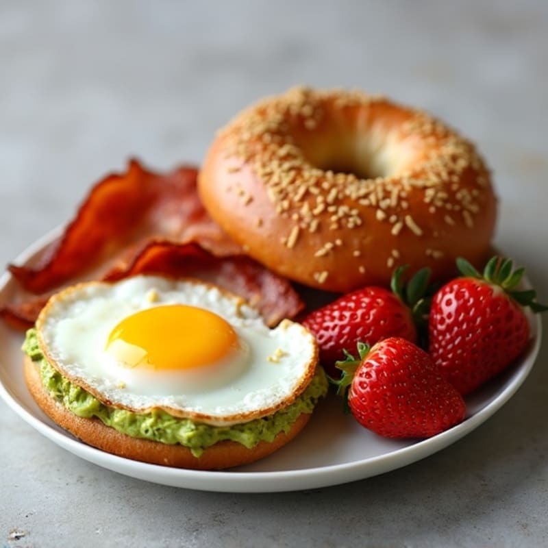 Crispy Turkey Bacon with Soft Boiled Egg, Avocado Bagel, and Fresh Strawberries