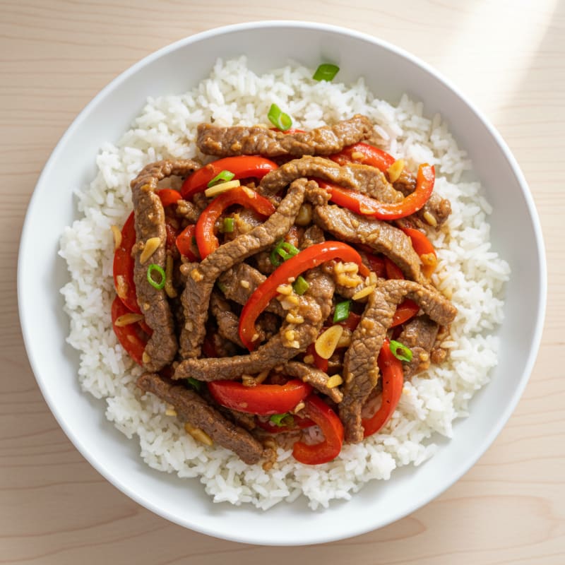 Lean Beef Stir-Fry with Peppers and Jasmine Rice