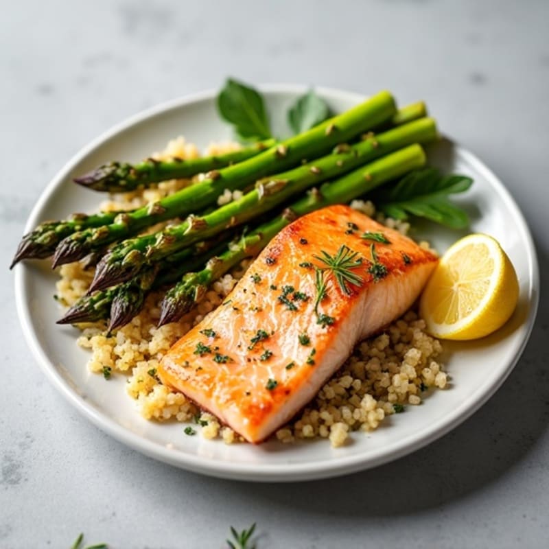 Lemon Herb Roasted Salmon with Fluffy Quinoa and Crispy Roasted Asparagus