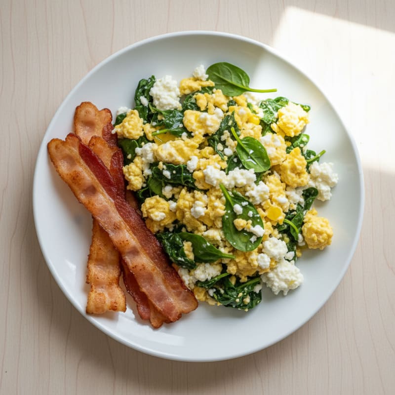 Cottage Cheese Egg Scramble with Spinach and Turkey Bacon
