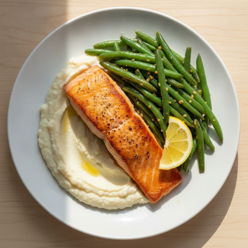 Seared Salmon with Sautéed Green Beans and Cauliflower Mash