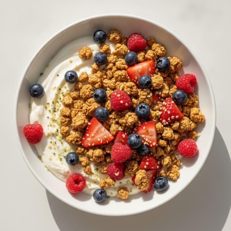 Silky Greek Yogurt Bowl with Protein Granola and Mixed Berries