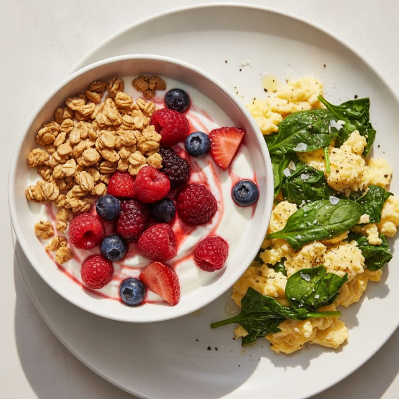 Protein-Packed Yogurt Parfait & Spinach Egg Scramble