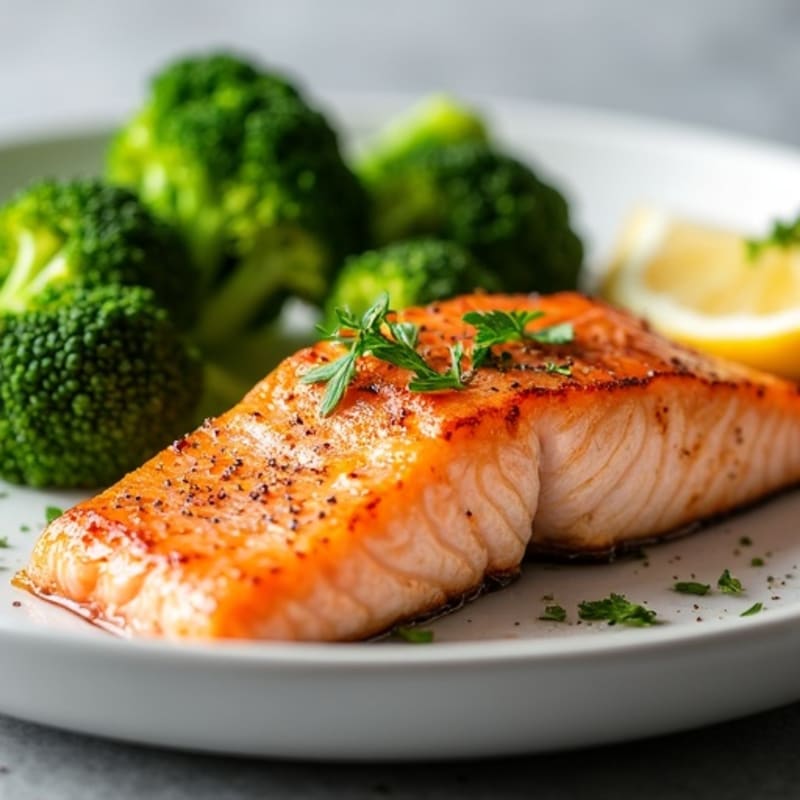 Seared Salmon with Steamed Broccoli and Lemon