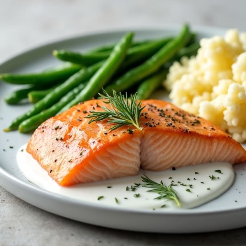Seared Salmon with Steamed Green Beans and Cauliflower Mash