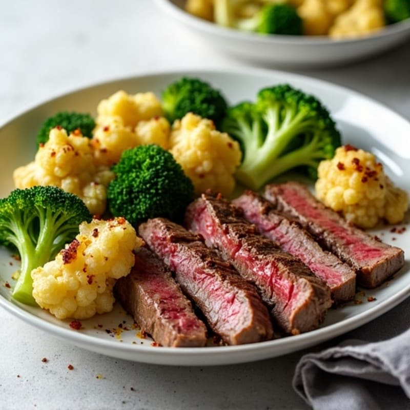 Seared Lean Beef Strips with Roasted Broccoli and Cauliflower