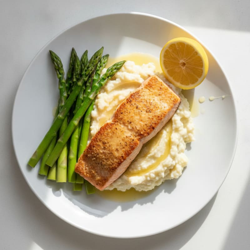 Seared Salmon with Steamed Asparagus and Garlic Cauliflower Mash