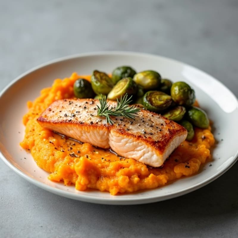 Seared Salmon Fillet with Roasted Brussels Sprouts and Sweet Potato Mash