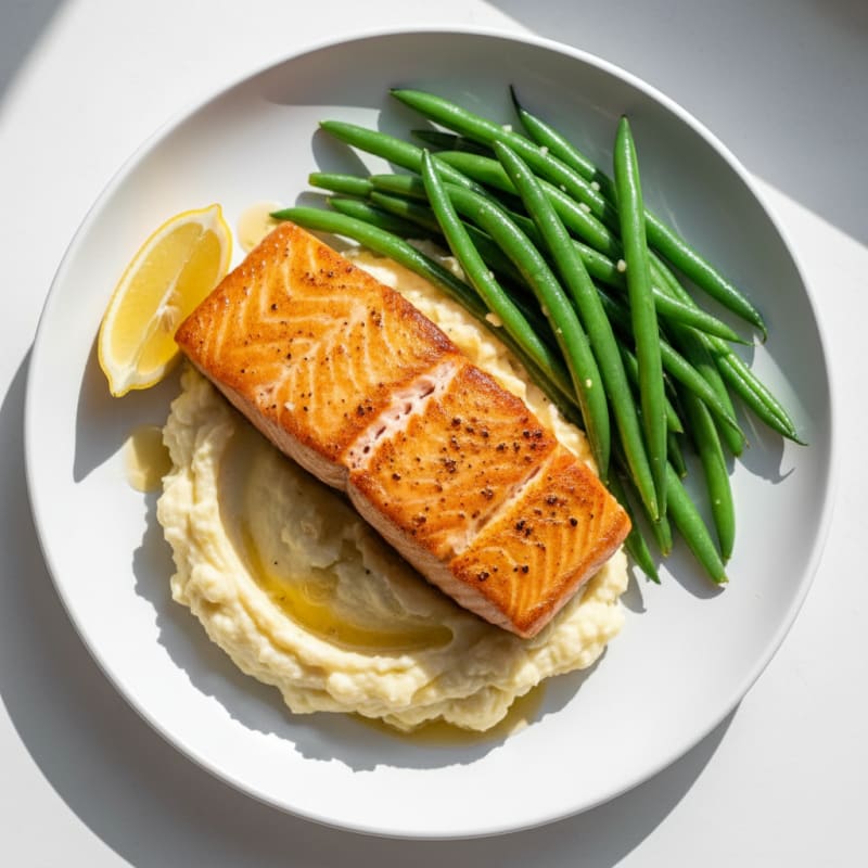 Seared Salmon with Steamed Green Beans and Garlic Mashed Cauliflower
