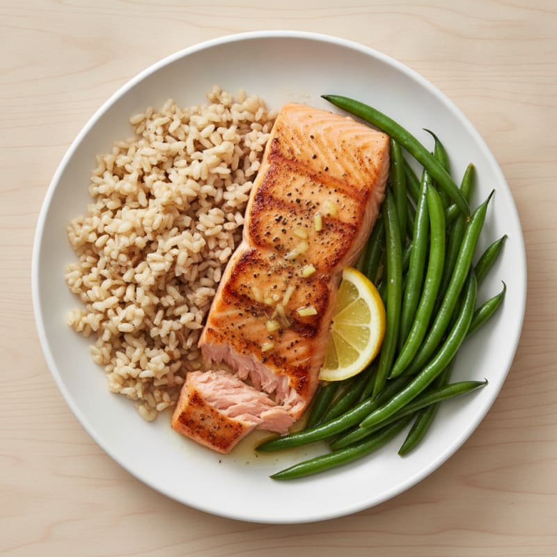 Seared Salmon with Steamed Green Beans and Brown Rice