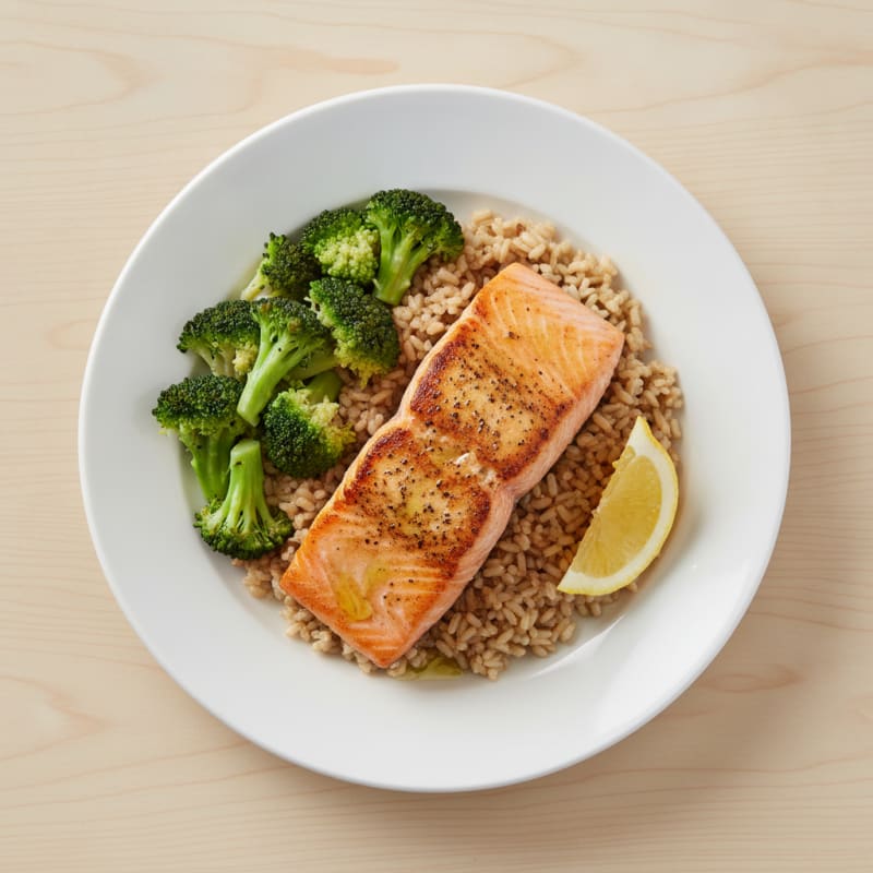 Seared Salmon with Steamed Broccoli and Brown Rice