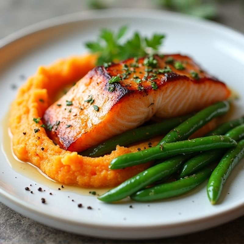 Seared Salmon with Garlic Green Beans and Sweet Potato Mash