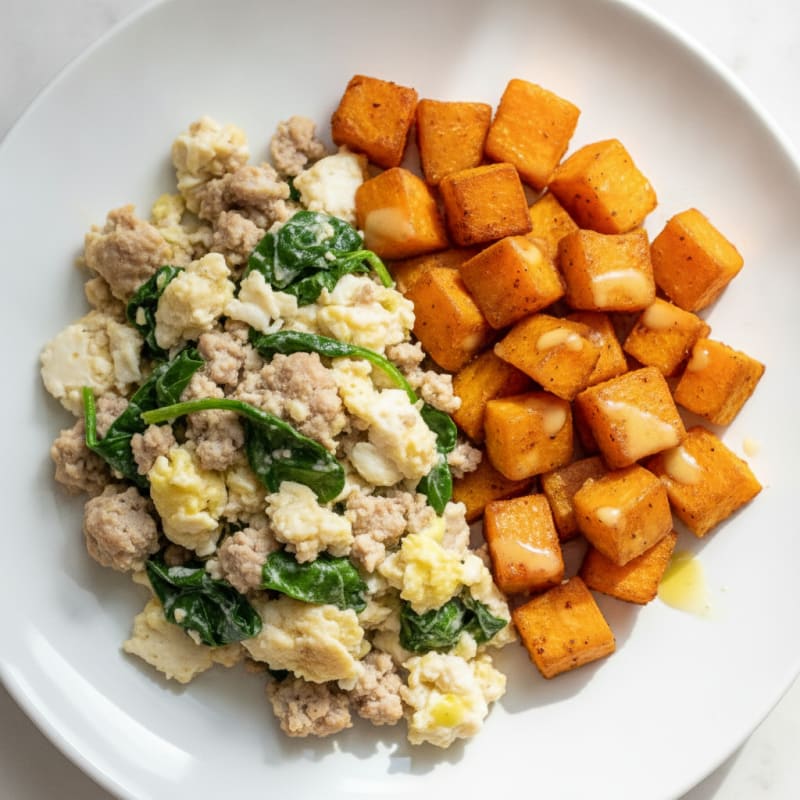 Egg White and Turkey Spinach Scramble with Roasted Sweet Potatoes