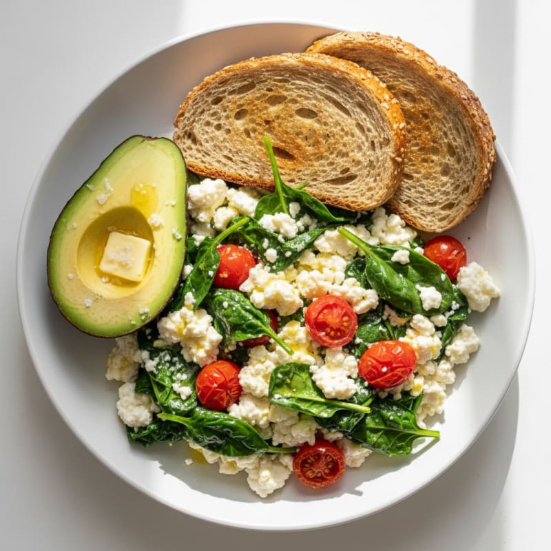 Cottage Cheese and Egg White Scramble with Sautéed Spinach and Cherry Tomatoes