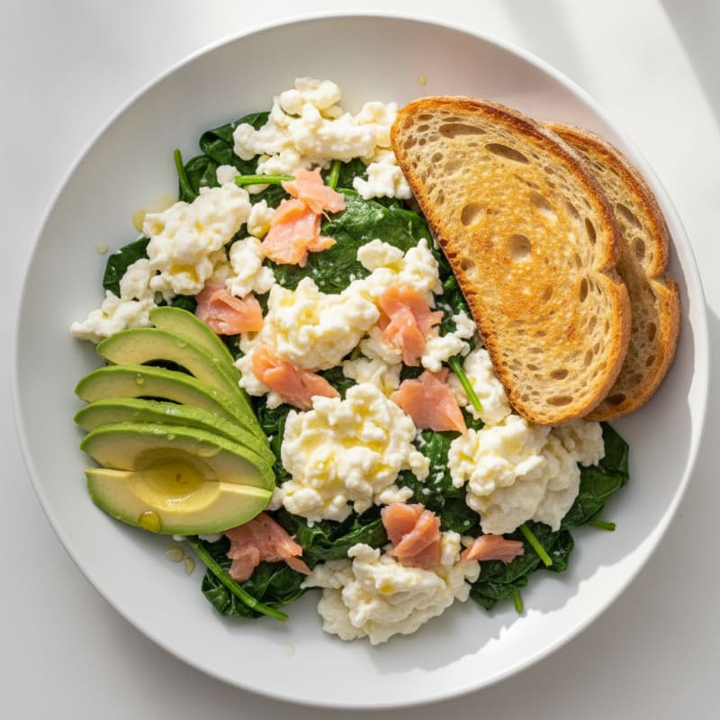 Silky Egg White and Smoked Salmon Scramble with Sautéed Spinach