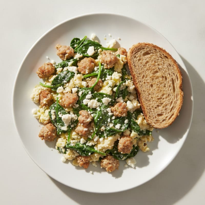 Egg White and Turkey Sausage Scramble with Spinach and Feta
