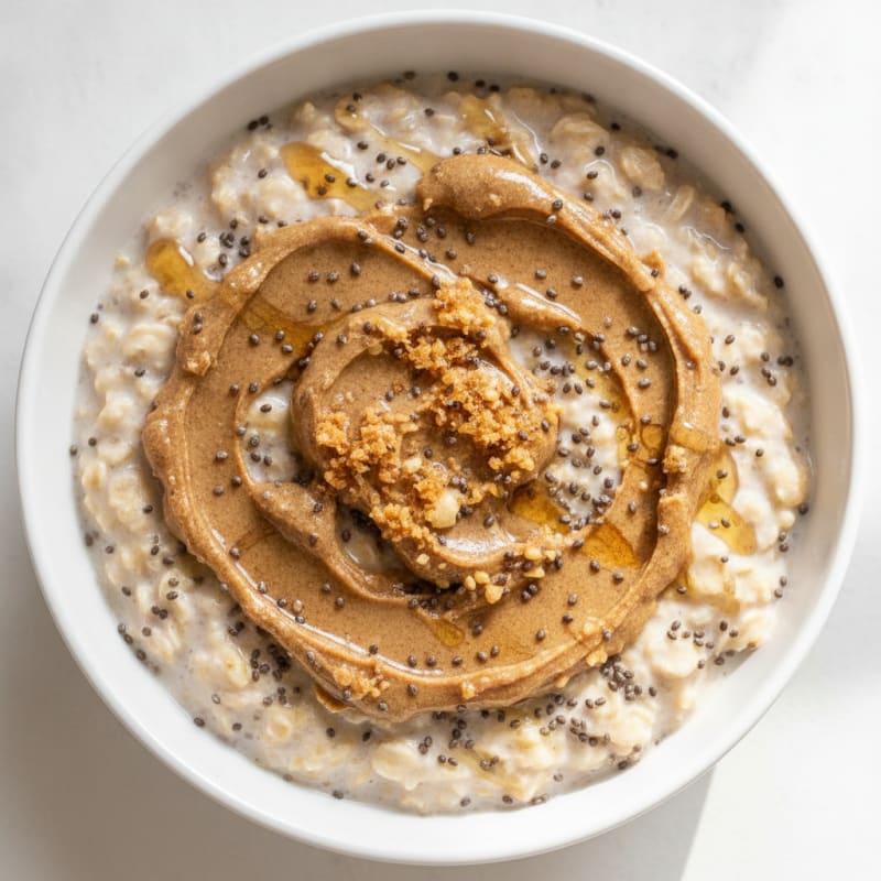 Silky Vanilla Protein Oats with Almond Butter and Chia Seeds